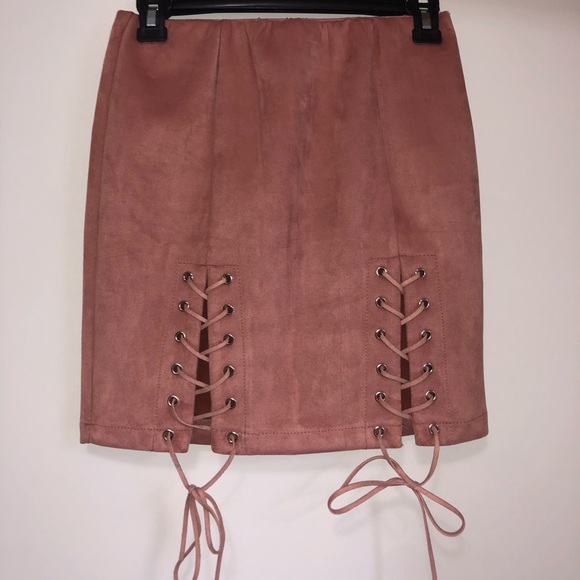 Pink Suede Front Tie Up Skirt - Picture 1 of 2